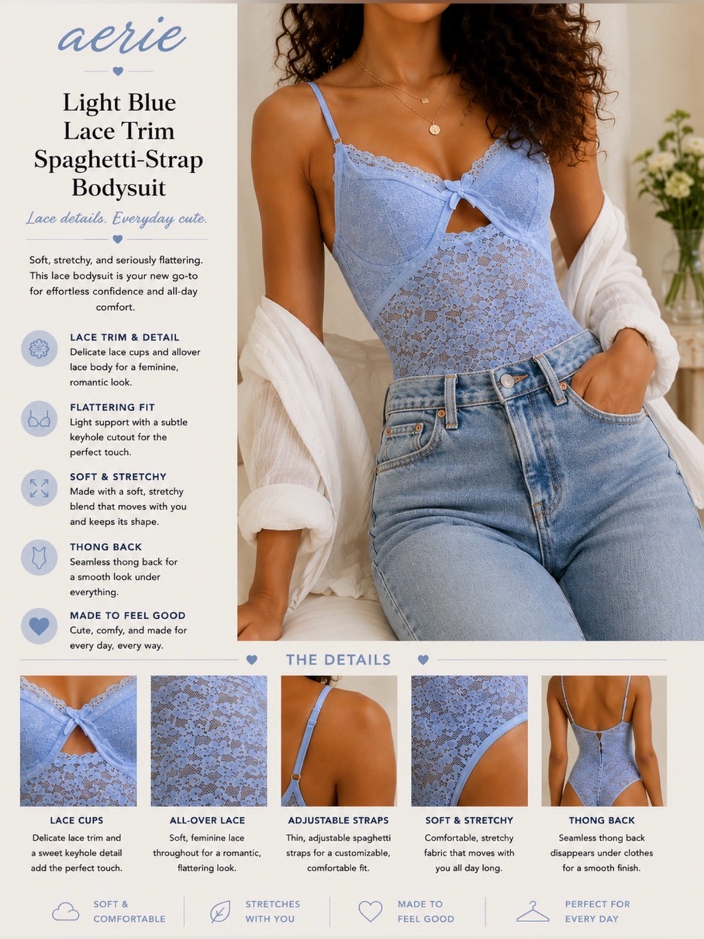 aerie Light Blue Lace Trim Spaghetti-Strap Bodysuit